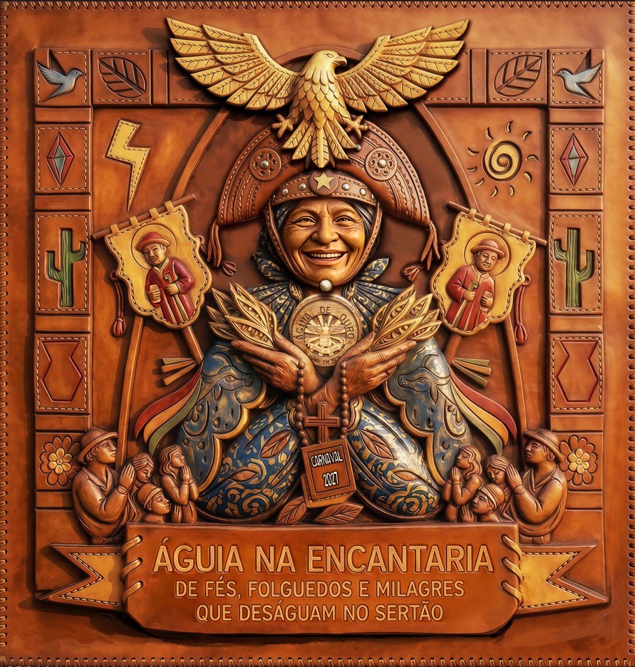 Logomarca do Enredo da Águia de Ouro em 2027. "Águia na Encantaria de Fés, Folguedos e Milagres que Deságuam no Sertão"