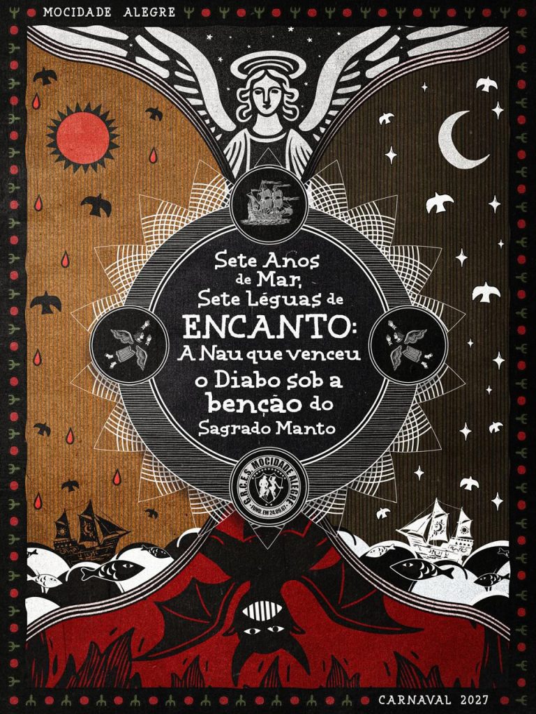 Logo do Enredo 2027 Mocidade Alegre - Sete Anos de Mar, Sete Léguas de Encanto: A Nau que venceu o Diabo sob a benção do sagrado manto